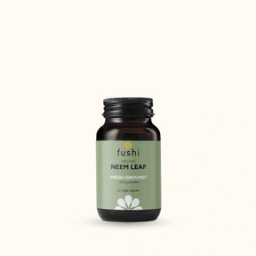 Fushi Organic Neem Leaf fresh-ground supplement bottle with vegan capsules.