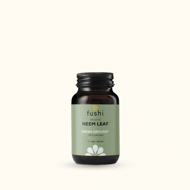 Fushi Organic Neem Leaf fresh-ground supplement bottle with vegan capsules.