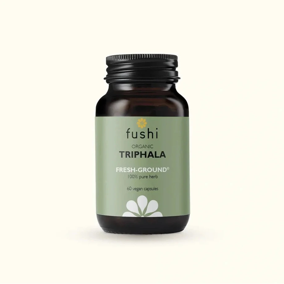 Fushi Organic Triphala fresh-ground supplement bottle with vegan capsules.