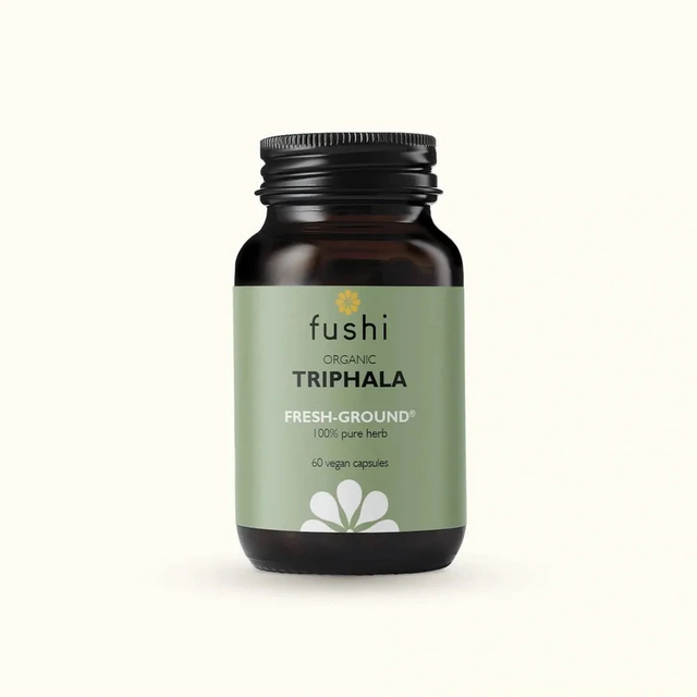 Fushi Organic Triphala fresh-ground supplement bottle with vegan capsules.