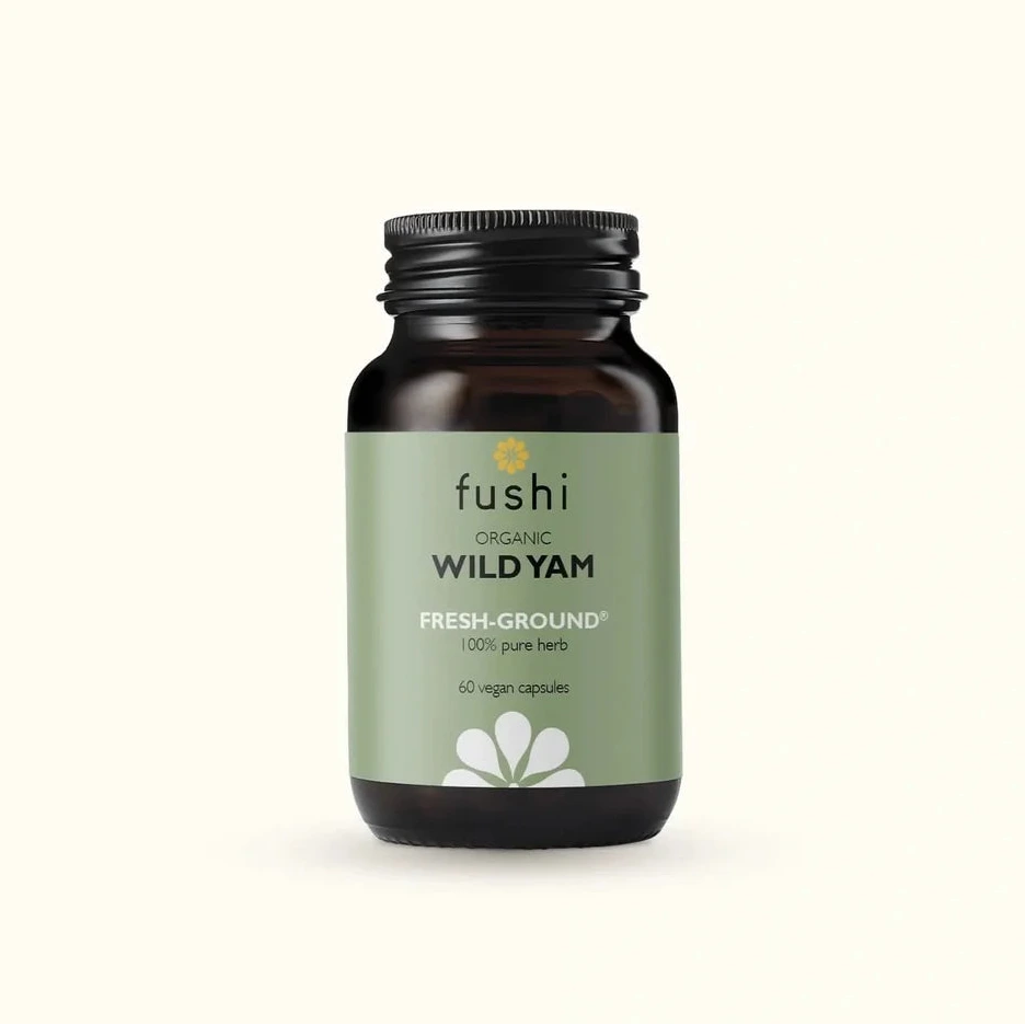 Fushi Organic Wild Yam fresh-ground supplement bottle with vegan capsules.
