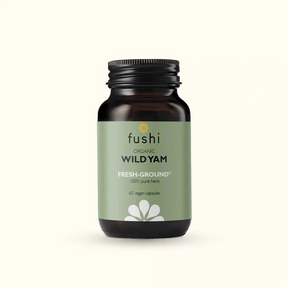 Fushi Organic Wild Yam fresh-ground supplement bottle with vegan capsules.