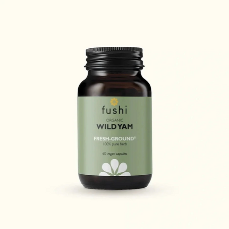 Fushi Organic Wild Yam fresh-ground supplement bottle with vegan capsules.