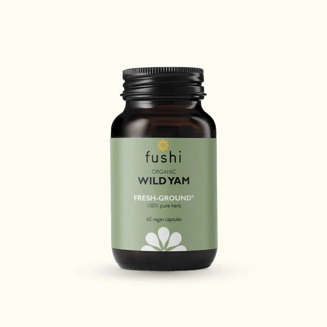 Fushi Organic Wild Yam fresh-ground supplement bottle with vegan capsules.