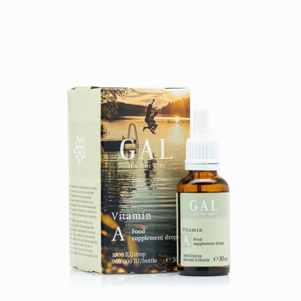 GAL Vitamin A food supplement drops, 30ml bottle and packaging, 1000 IU per drop, 960,000 IU per bottle.