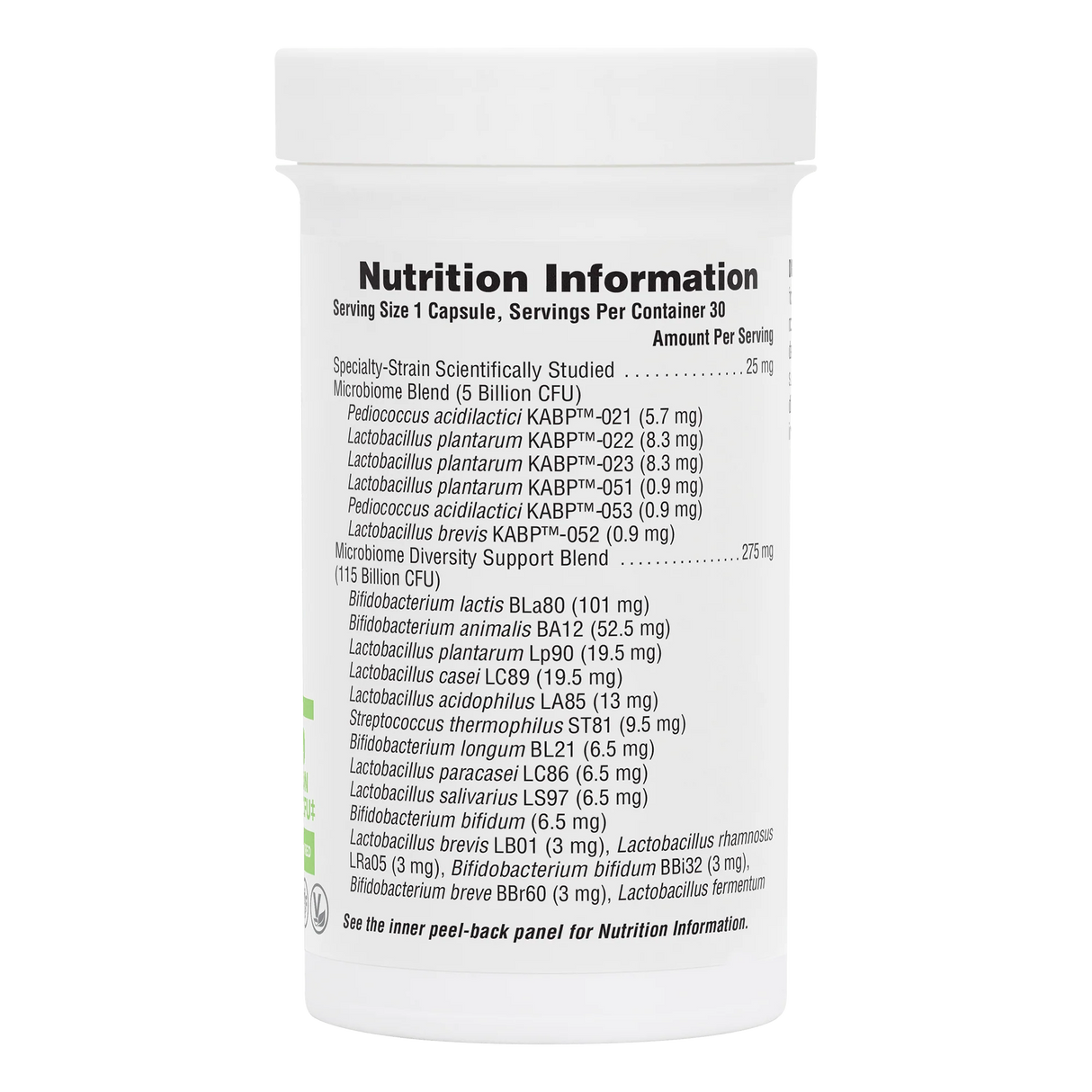 Nutrition Information label for NaturesPlus GI Nutra PRO BIO MEGA showing 120 billion live CFU, a 35-strain microbiome diversity support blend, and serving size of 1 capsule.