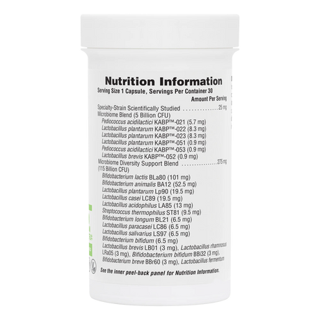 Nutrition Information label for NaturesPlus GI Nutra PRO BIO MEGA showing 120 billion live CFU, a 35-strain microbiome diversity support blend, and serving size of 1 capsule.