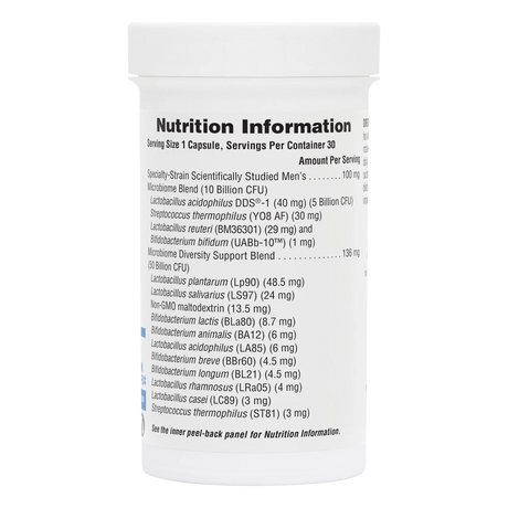 Back label of NaturesPlus GI Nutra PRO BIO Men supplement bottle showing nutrition facts, 21-strain microbiome blend with 60 billion live CFU, and a targeted men's botanical blend.