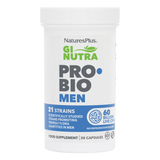 NaturesPlus GI Nutra PRO BIO Men probiotic supplement bottle featuring 21 strains and 60 billion live CFU in a white container with blue and green branding.