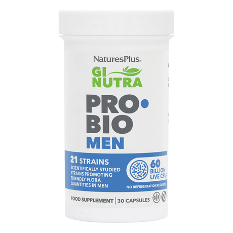 NaturesPlus GI Nutra PRO BIO Men probiotic supplement bottle featuring 21 strains and 60 billion live CFU in a white container with blue and green branding.