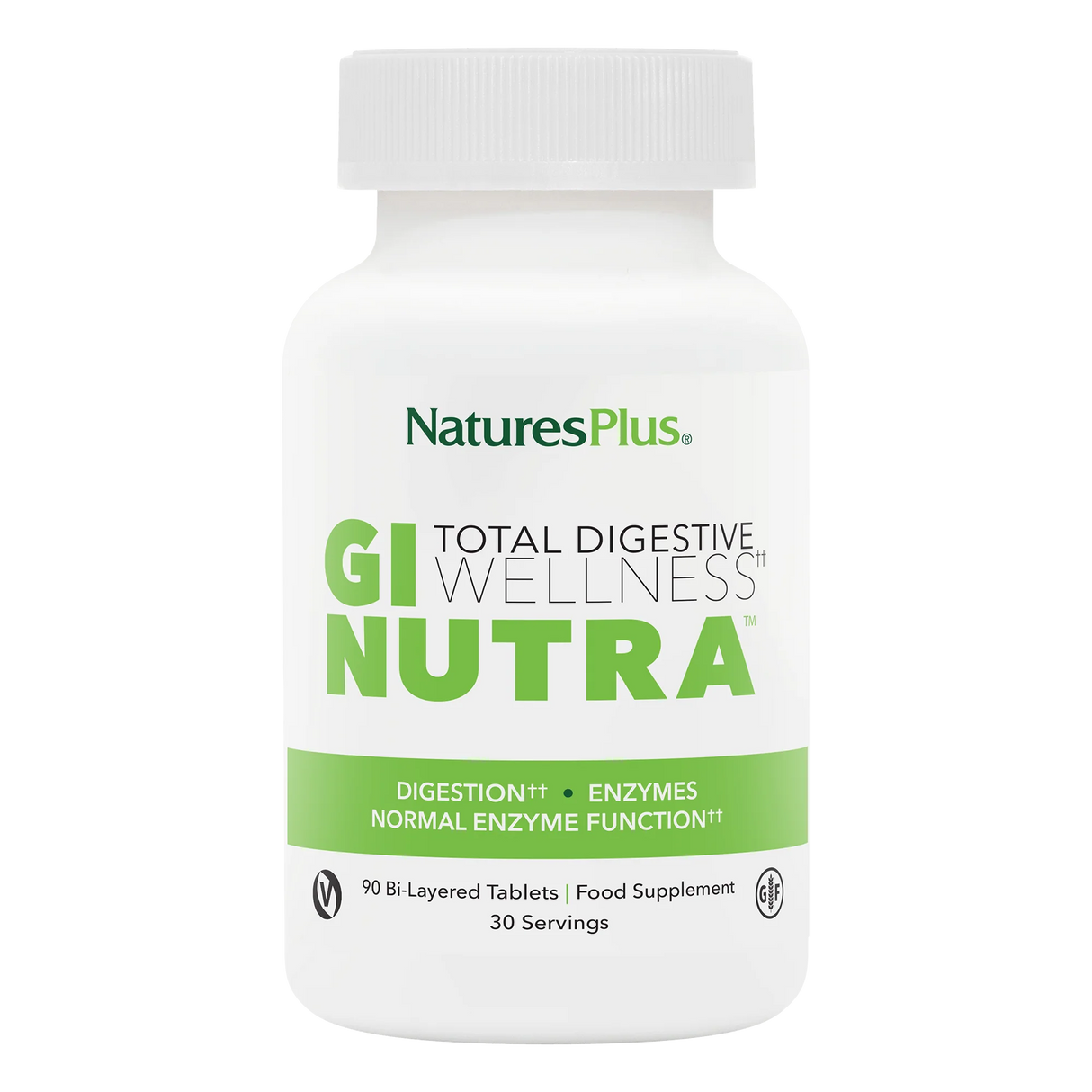 NaturesPlus GI Nutra Total Digestive Wellness food supplement bottle containing 90 bi-layered tablets for normal enzyme function and digestion support.