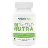 NaturesPlus GI Nutra Total Digestive Wellness food supplement bottle containing 90 bi-layered tablets for normal enzyme function and digestion support.