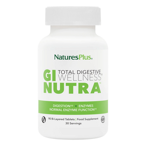 NaturesPlus GI Nutra Total Digestive Wellness food supplement bottle containing 90 bi-layered tablets for normal enzyme function and digestion support.