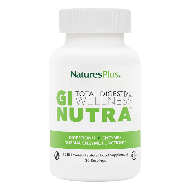 NaturesPlus GI Nutra Total Digestive Wellness food supplement bottle containing 90 bi-layered tablets for normal enzyme function and digestion support.