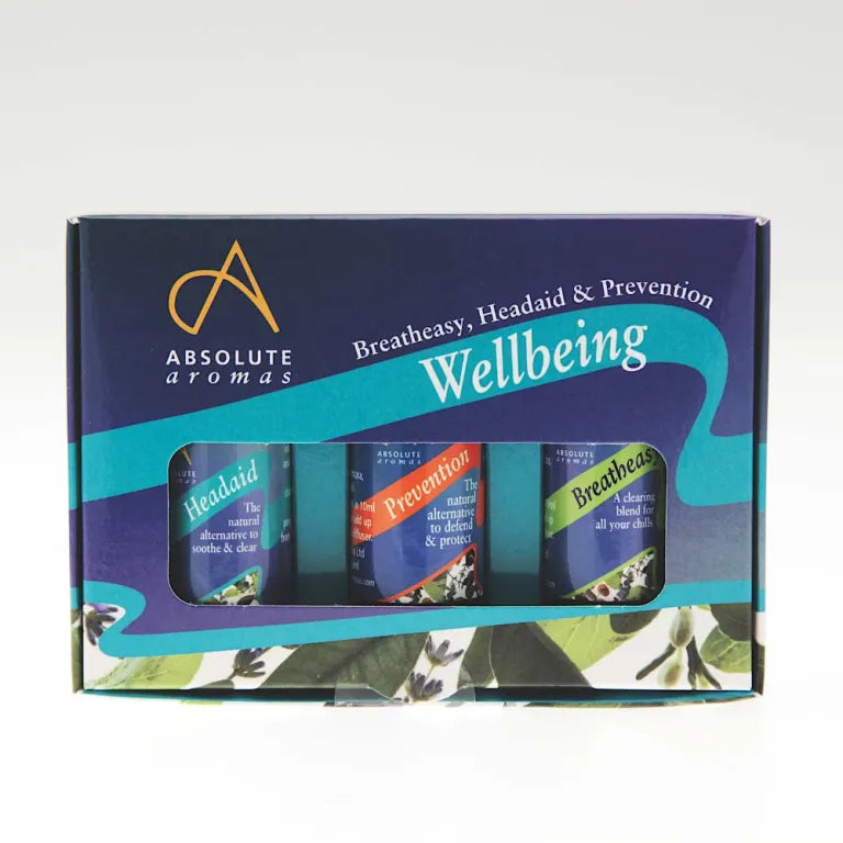 Absolute Aromas Wellbeing gift set containing three essential oil blends: Headaid, Prevention, and Breatheasy.