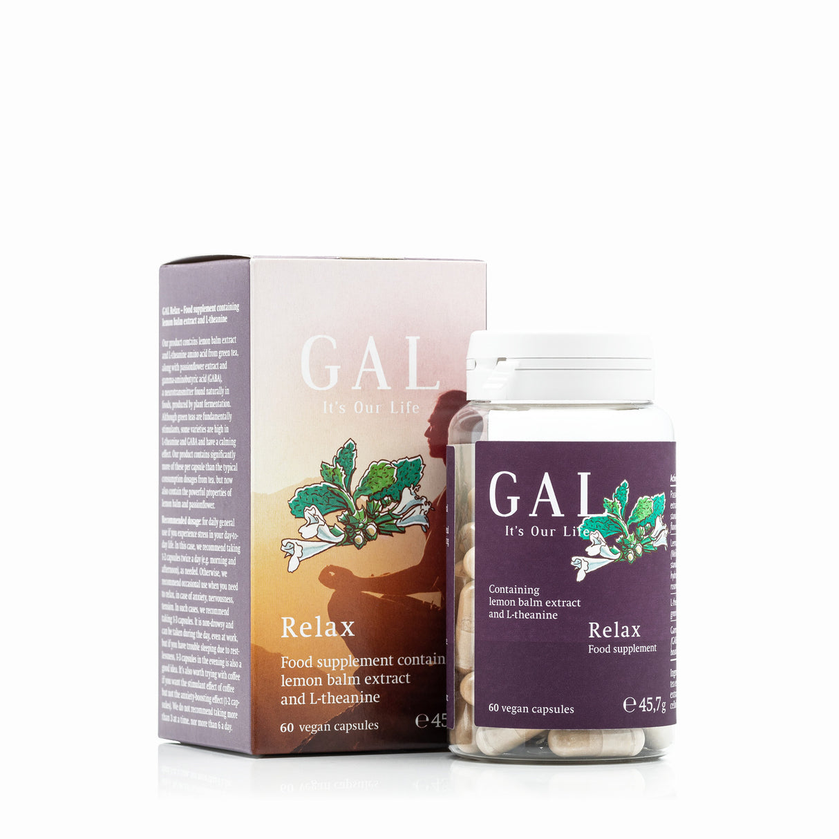 GAL Relax supplement – natural stress relief capsules with L-theanine, lemon balm, and GABA for calm focus and relaxation.