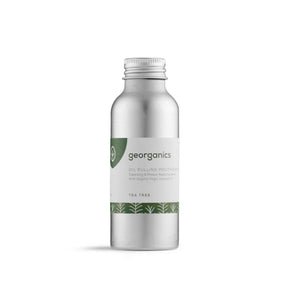 Aluminum bottle of Georganics Tea Tree Oil Pulling Mouthwash with Organic Virgin Coconut Oil.