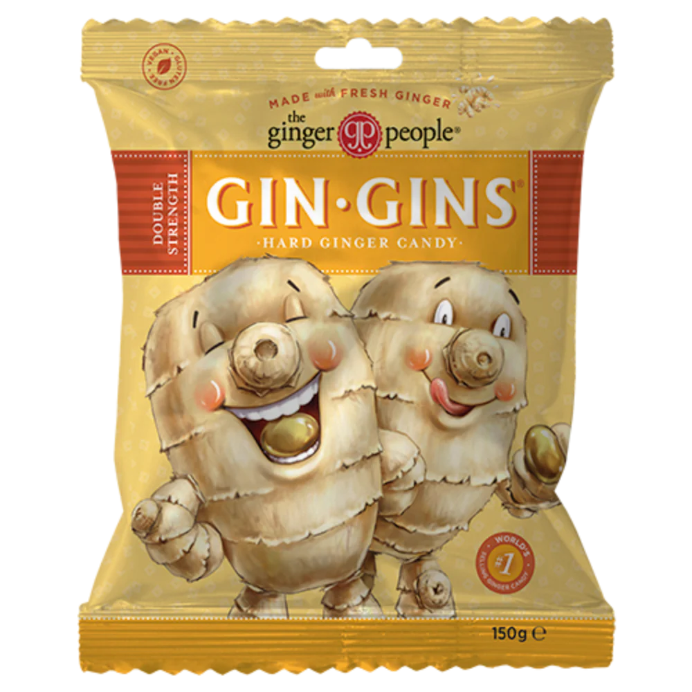The Ginger People Gin Gins Double Strength Hard Ginger Candy, 150g pouch.