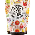 A 1 lb stand-up pouch of Good Good Granulated Sweetener Erythritol & Stevia, featuring a white background with colorful illustrations of various fruits and desserts, and bold black text.