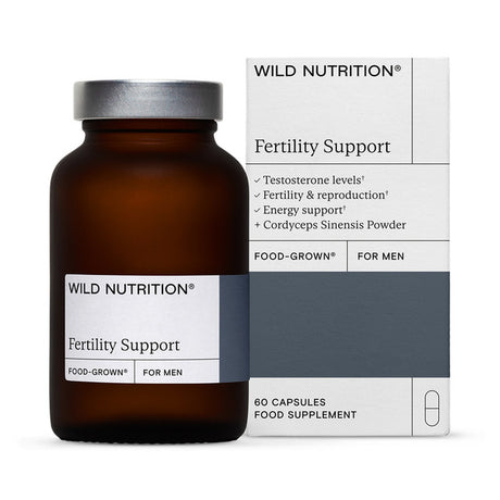 Wild Nutrition Fertility Support for Men, a food supplement containing 60 capsules, shown with its amber glass bottle and outer cardboard packaging.