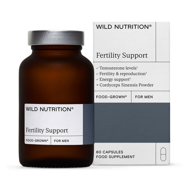 Wild Nutrition Fertility Support for Men, a food supplement containing 60 capsules, shown with its amber glass bottle and outer cardboard packaging.