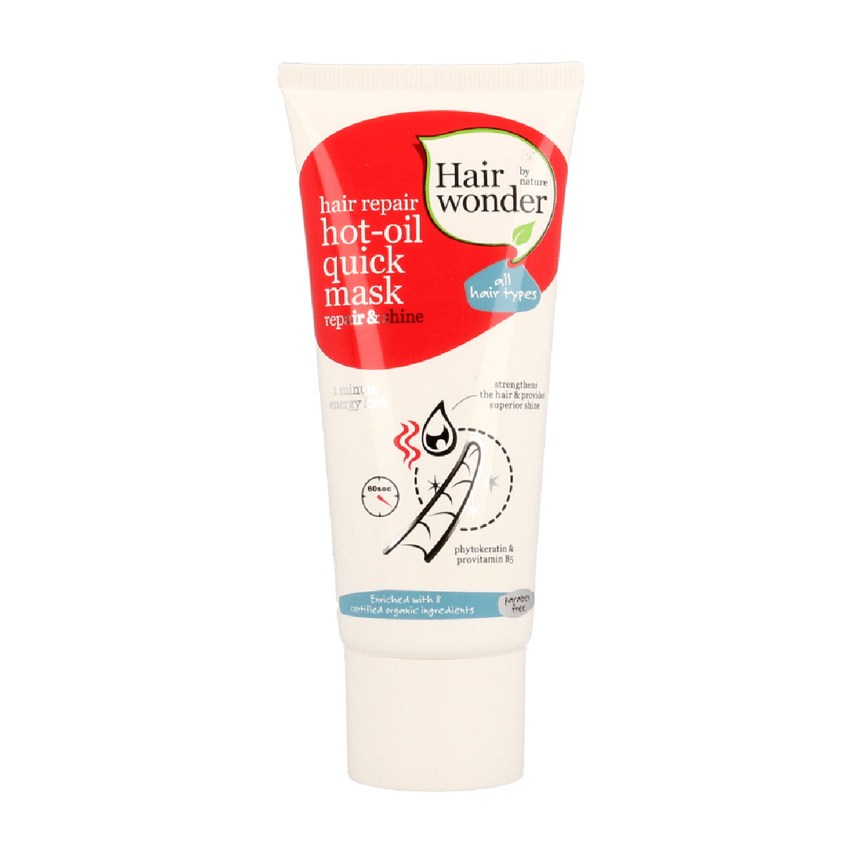Hair Wonder hot-oil quick mask tube with red and white design, hair repair imagery, and text emphasizing repair and shine benefits for hair.