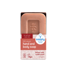 Soaply 100% natural hand and body soap bar, 120g, scented with vetiver and cedarwood, certified vegan and B Corp.