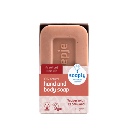 Soaply 100% natural hand and body soap bar, 120g, scented with vetiver and cedarwood, certified vegan and B Corp.