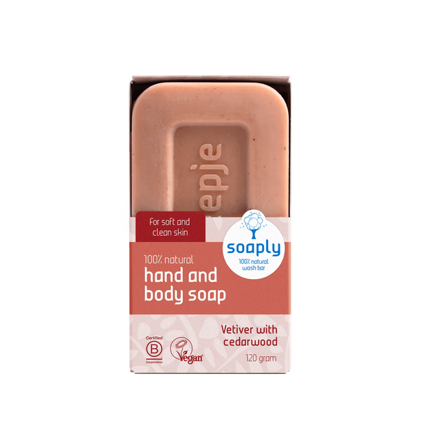 Soaply 100% natural hand and body soap bar, 120g, scented with vetiver and cedarwood, certified vegan and B Corp.