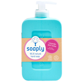 Soaply 99.3% natural hand soap in Lavender and Tonka scent, packaged in a zero-plastic bottle with a pump dispenser.