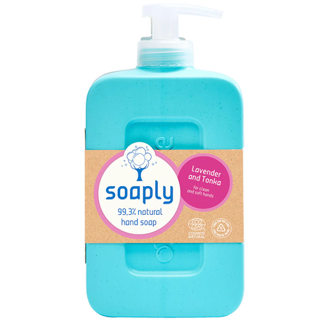Soaply 99.3% natural hand soap in Lavender and Tonka scent, packaged in a zero-plastic bottle with a pump dispenser.