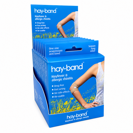 Hay-Band is a drug-free, reusable acupressure arm band designed to provide fast-acting, side-effect-free relief from hay fever and allergic rhinitis throughout the allergy season.
