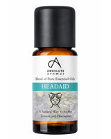 Absolute Aromas Headaid is a natural essential oil blend designed to soothe tension and discomfort, packaged in an amber glass bottle with a black cap.