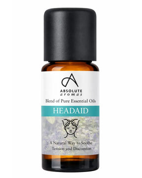 Absolute Aromas Headaid is a natural essential oil blend designed to soothe tension and discomfort, packaged in an amber glass bottle with a black cap.