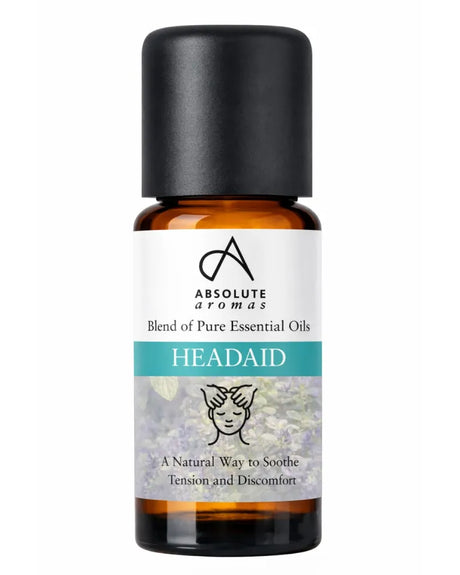 Absolute Aromas Headaid is a natural essential oil blend designed to soothe tension and discomfort, packaged in an amber glass bottle with a black cap.