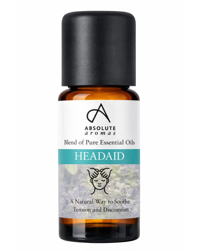 Absolute Aromas Headaid is a natural essential oil blend designed to soothe tension and discomfort, packaged in an amber glass bottle with a black cap.