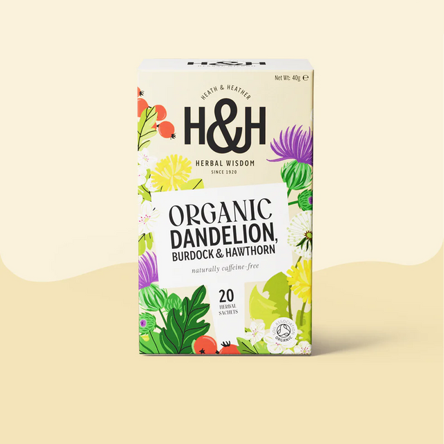 Heath & Heather Organic Dandelion, Burdock & Hawthorn herbal tea box.