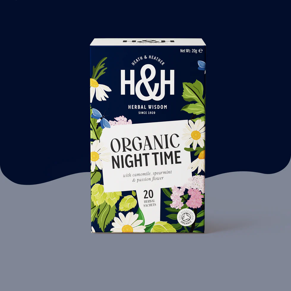 Heath & Heather Organic Night Time tea box with botanicals.