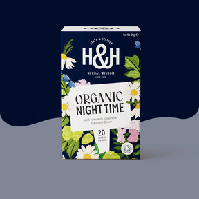Heath & Heather Organic Night Time tea box with botanicals.