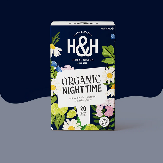 Heath & Heather Organic Night Time tea box with botanicals.