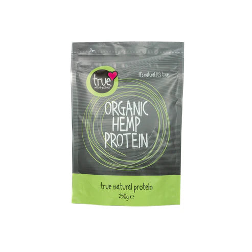 A 250g grey and light green resealable pouch of True Organic Hemp Protein featuring a light green circular logo and white text.