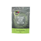 A 250g grey and light green resealable pouch of True Organic Hemp Protein featuring a light green circular logo and white text.