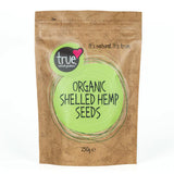 Organic Shelled Hemp Seeds 250g pouch by True Natural Goodness on a white background.