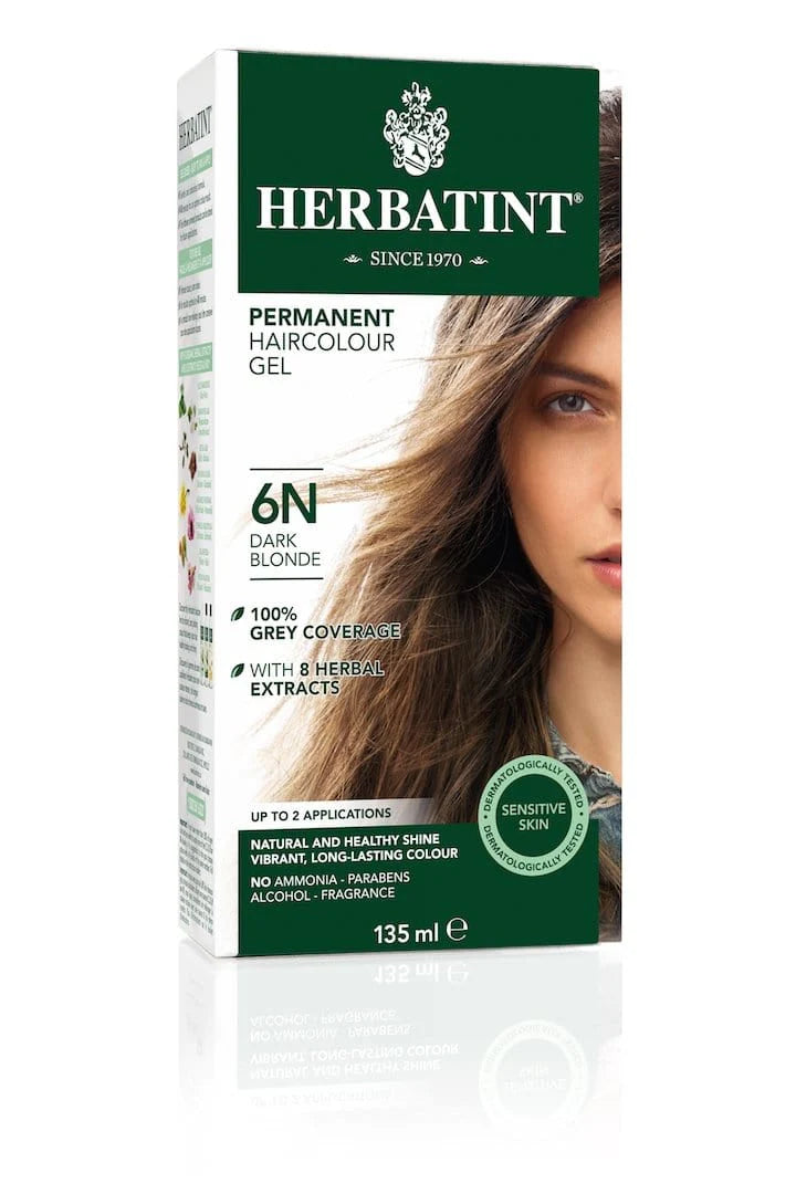 Herbatint Permanent Haircolour Gel, shade 6N Dark Blonde, 135ml, features 100% grey coverage with 8 herbal extracts, is dermatologically tested for sensitive skin, and is free from ammonia, parabens, alcohol, and fragrance.