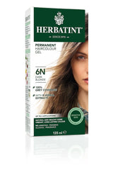 Herbatint Permanent Haircolour Gel, shade 6N Dark Blonde, 135ml, features 100% grey coverage with 8 herbal extracts, is dermatologically tested for sensitive skin, and is free from ammonia, parabens, alcohol, and fragrance.