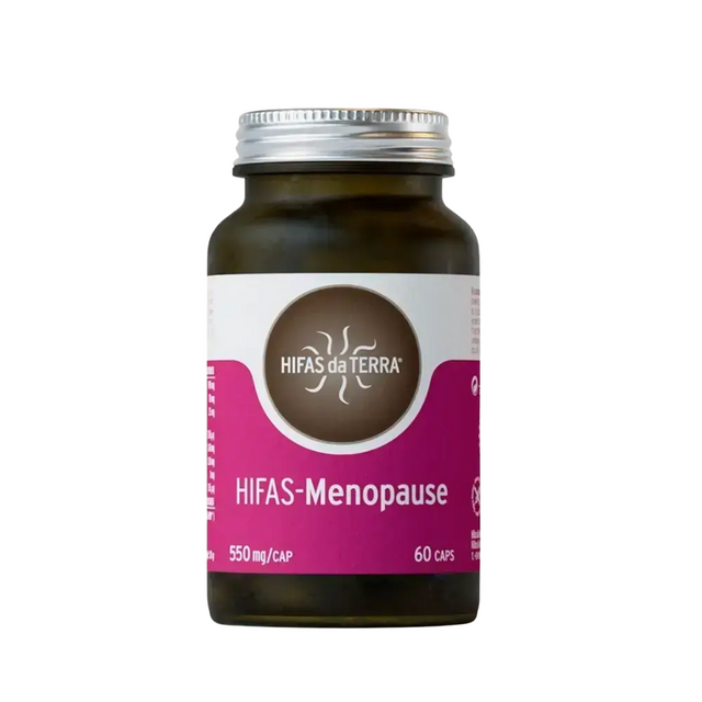 Hifas-Menopause capsules with medicinal mushrooms, probiotics, and vitamins for hormonal balance and menopause support.