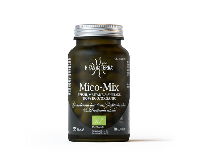 Hifas Mico Mix organic capsules 70 count with Reishi, Shiitake and Maitake mushroom extracts for immune support and daily wellbeing.