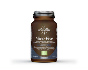 Hifas Mico Five Chaga organic capsules 70 count with Reishi, Shiitake, Maitake, and Chaga for immune support and antioxidant protection.
