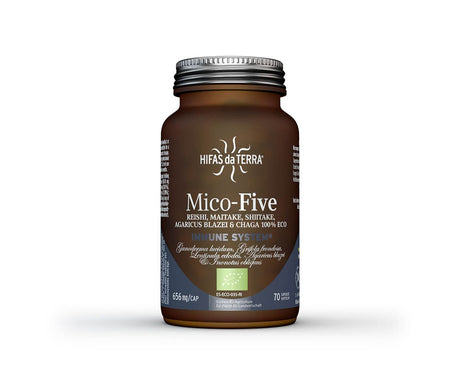 Hifas Mico Five Chaga organic capsules 70 count with Reishi, Shiitake, Maitake, and Chaga for immune support and antioxidant protection.