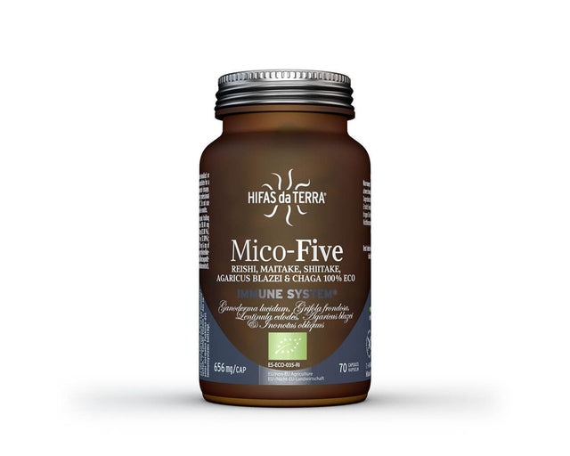 Hifas Mico Five Chaga organic capsules 70 count with Reishi, Shiitake, Maitake, and Chaga for immune support and antioxidant protection.